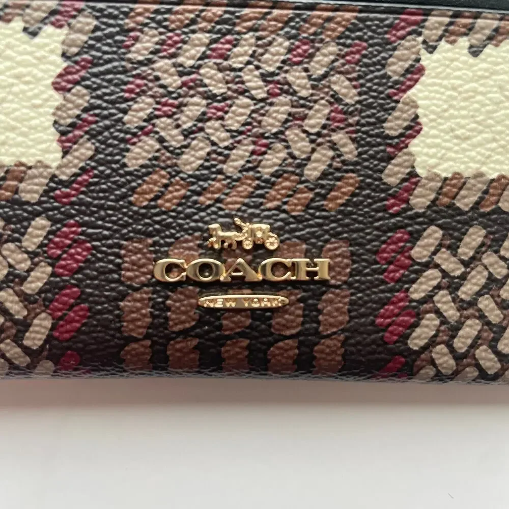 Coach NEW Skinny ID Card Case ~ Brushed Plaid Brown & Gold PVC Mini Wallet CN018